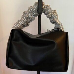 Afonie  Rhinestone Sparkly Handle Soft Hobo Purse Black